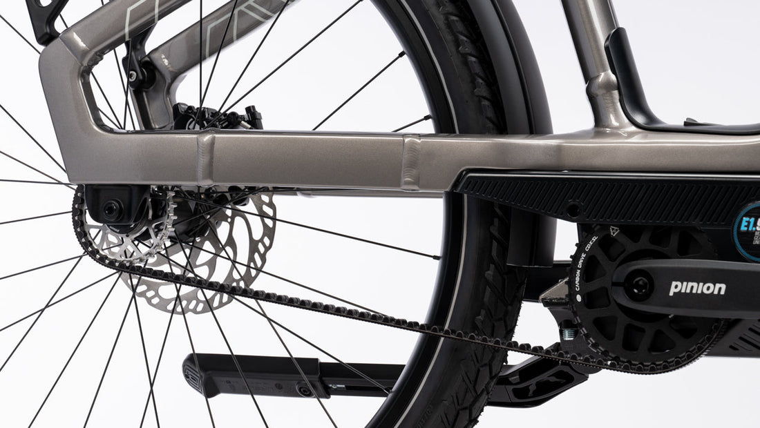 Close-up of a bicycle's gear system with 'Pinion' branding on a white background